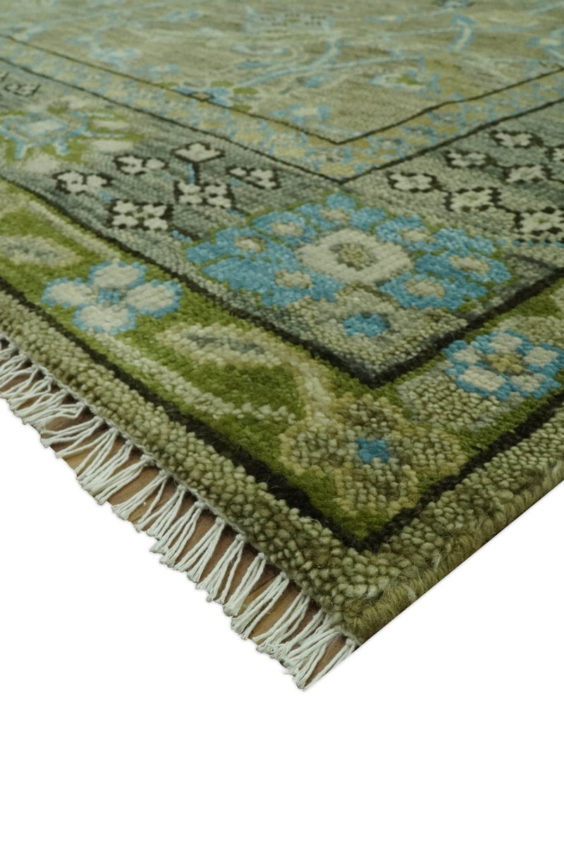 Custom Made Traditional Floral Green and Aqua Hand Knotted wool area rug - The Rug Decor