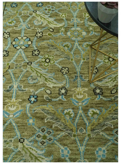 Custom Made Traditional Floral Green and Aqua Hand Knotted wool area rug - The Rug Decor