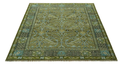 Custom Made Traditional Floral Green and Aqua Hand Knotted wool area rug - The Rug Decor