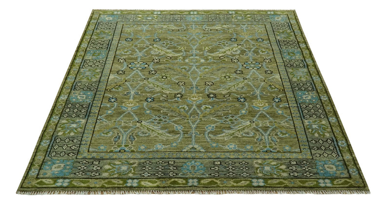 Custom Made Traditional Floral Green and Aqua Hand Knotted wool area rug - The Rug Decor