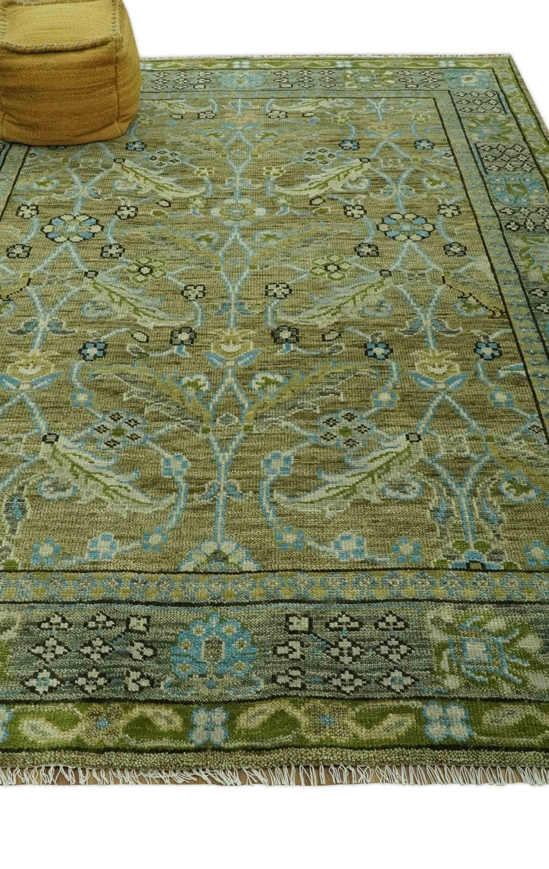 Custom Made Traditional Floral Green and Aqua Hand Knotted wool area rug - The Rug Decor