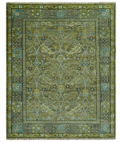 Custom Made Traditional Floral Green and Aqua Hand Knotted wool area rug - The Rug Decor