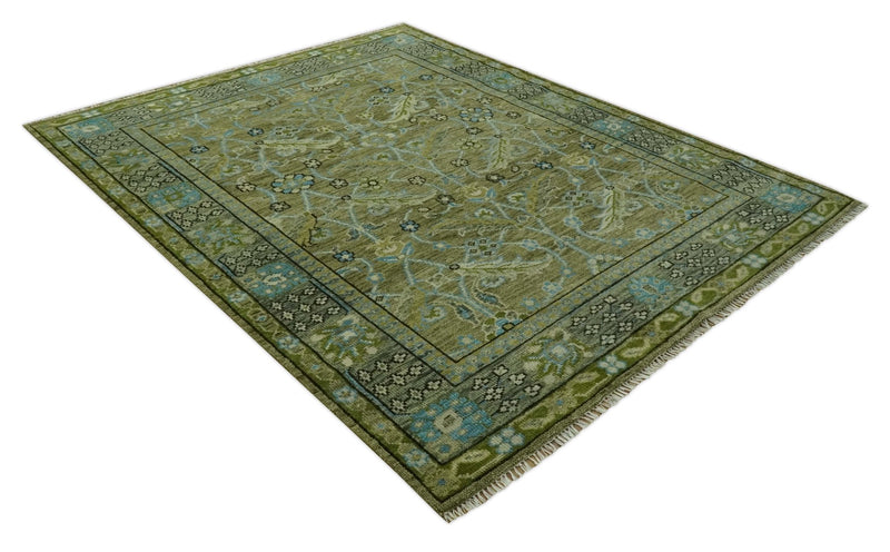 Custom Made Traditional Floral Green and Aqua Hand Knotted wool area rug - The Rug Decor