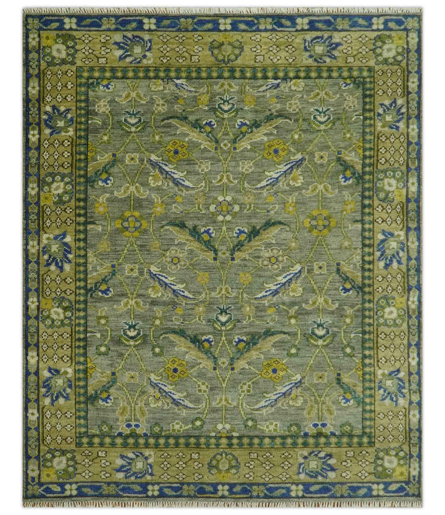 Custom Made Traditional Floral Green and Blue Hand Knotted wool area rug - The Rug Decor