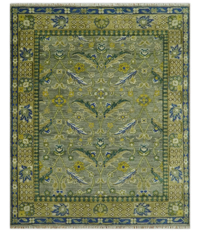 Custom Made Traditional Floral Green and Blue Hand Knotted wool area rug - The Rug Decor