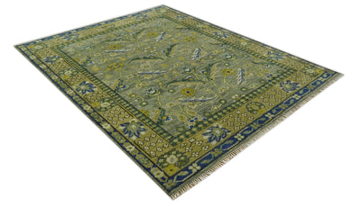 Custom Made Traditional Floral Green and Blue Hand Knotted wool area rug - The Rug Decor