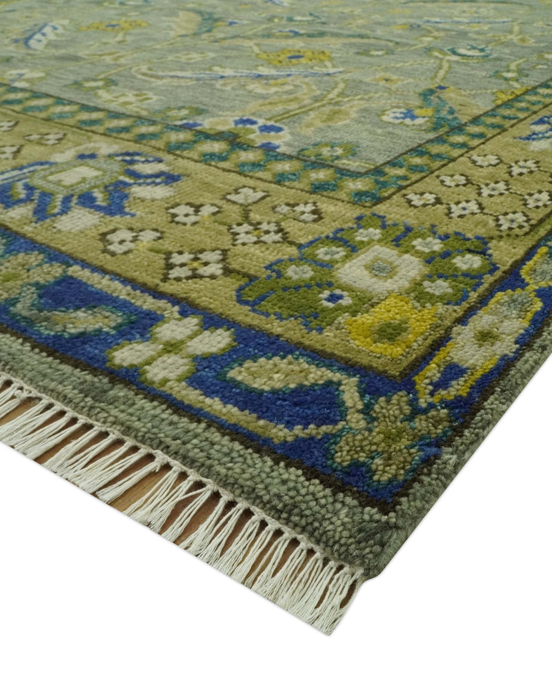 Custom Made Traditional Floral Green and Blue Hand Knotted wool area rug - The Rug Decor