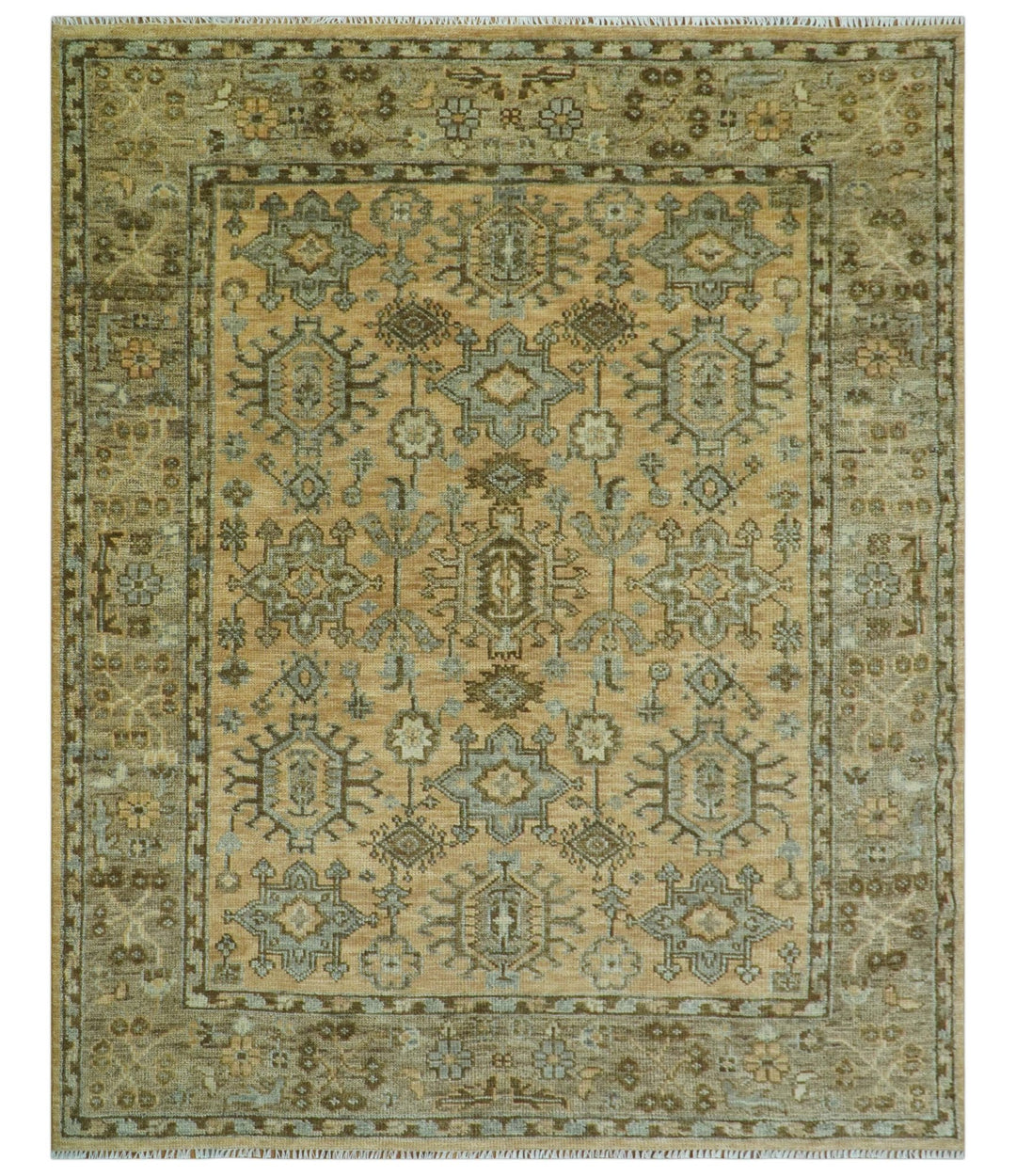 Custom Made Traditional Geometrical Design Peach And Silver Hand Knotted wool area rug - The Rug Decor
