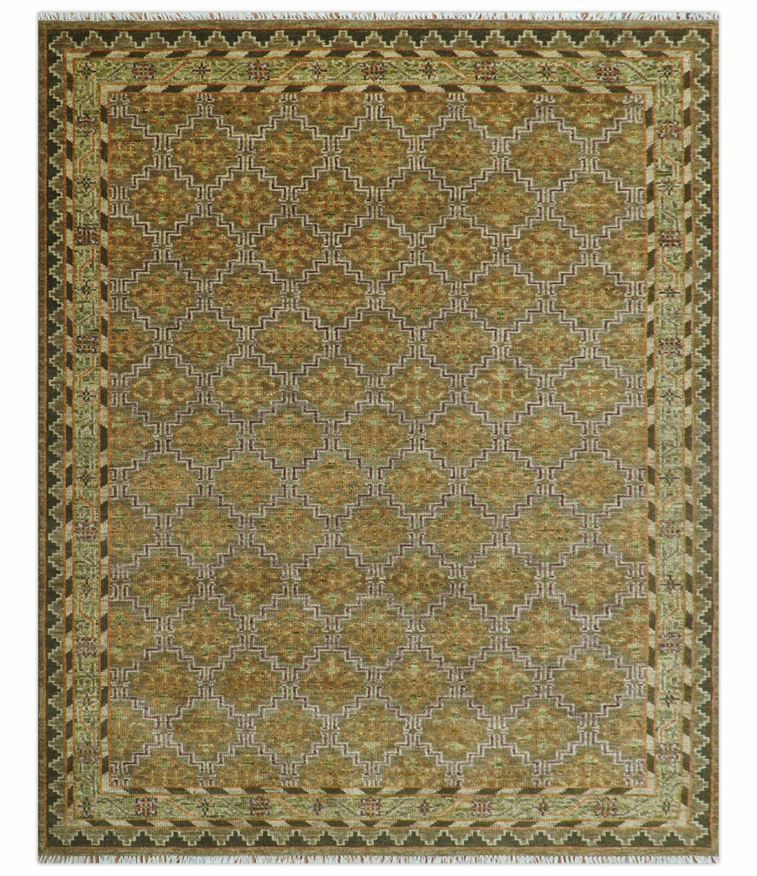 Custom Made Traditional Geometrical Motifs Olive and Rust Hand Knotted wool area rug - The Rug Decor