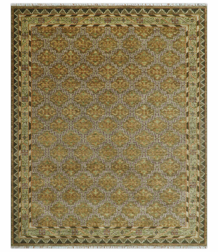 Custom Made Traditional Geometrical Motifs Olive and Rust Hand Knotted wool area rug - The Rug Decor