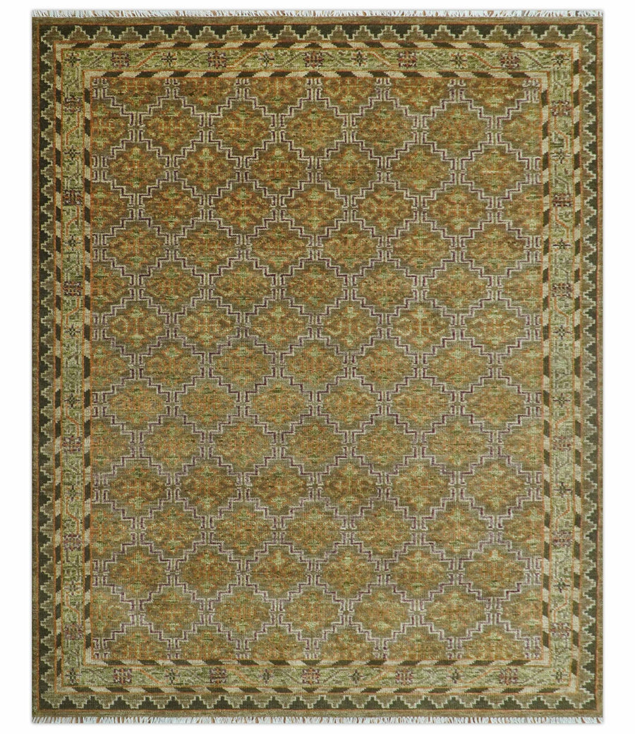 Custom Made Traditional Geometrical Motifs Olive and Rust Hand Knotted wool area rug - The Rug Decor