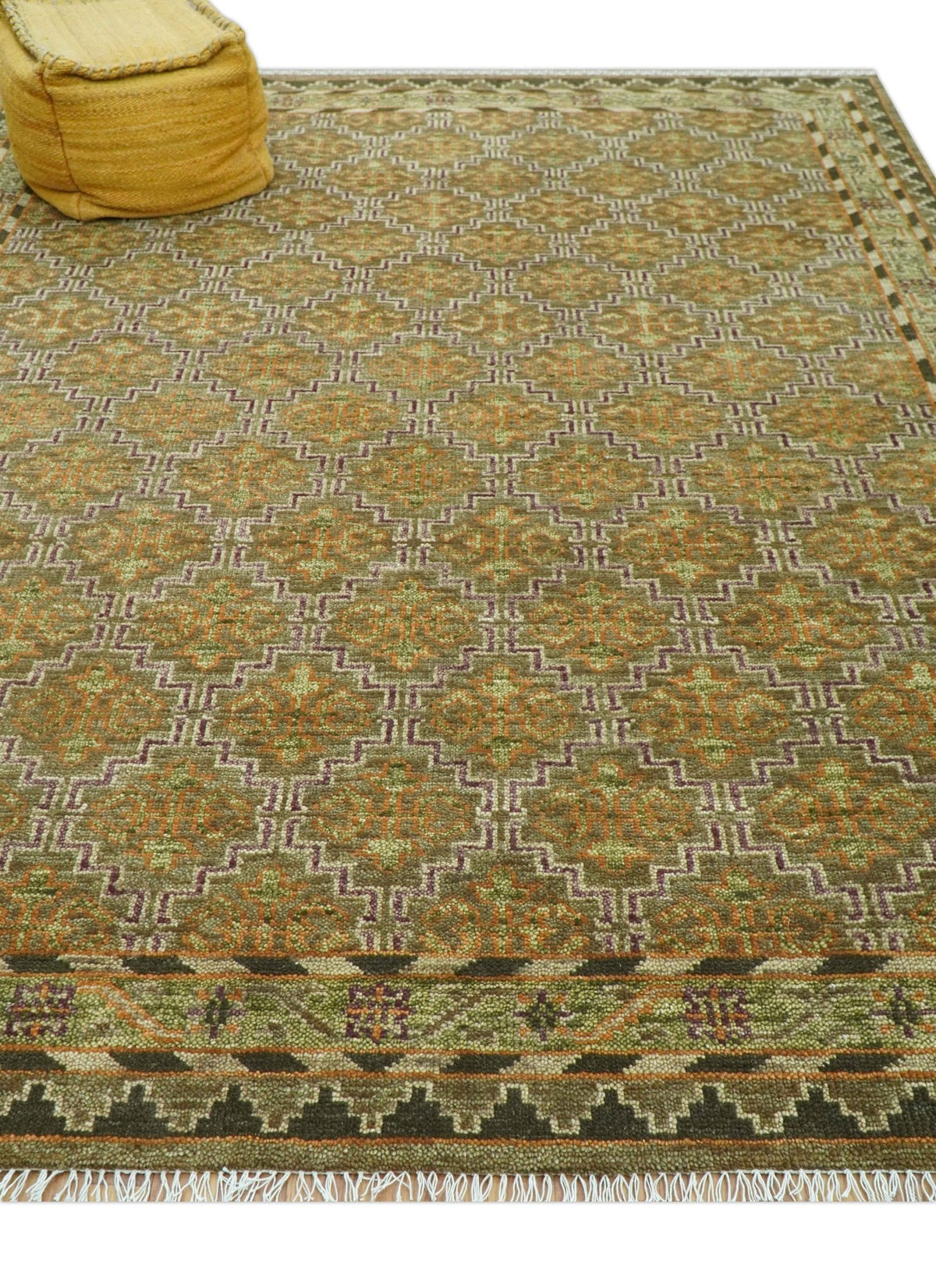 Traditional Motif Rug Design Custom Made Traditional Geometrical Motifs Olive and Rust Hand Knotted