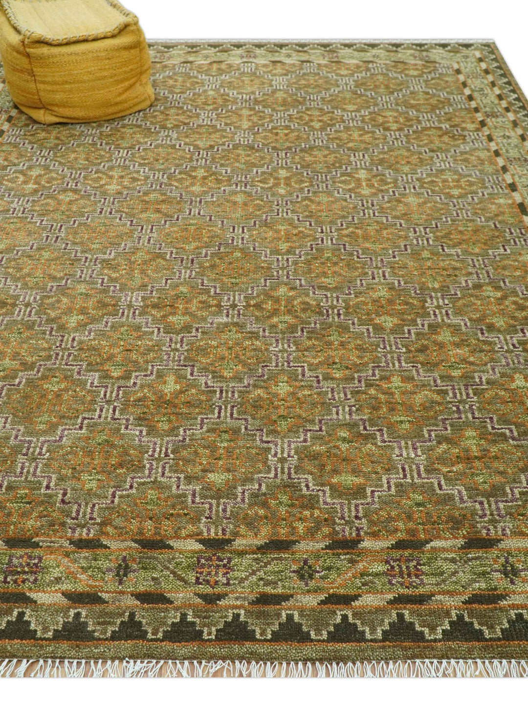 Custom Made Traditional Geometrical Motifs Olive and Rust Hand Knotted wool area rug - The Rug Decor