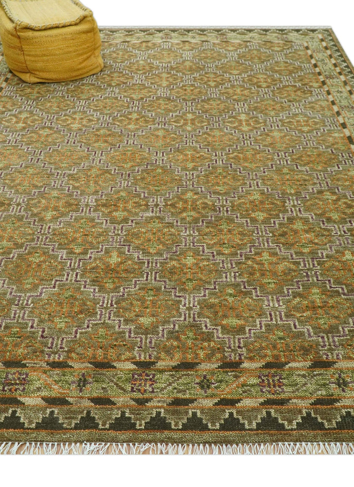 Custom Made Traditional Geometrical Motifs Olive and Rust Hand Knotted wool area rug - The Rug Decor