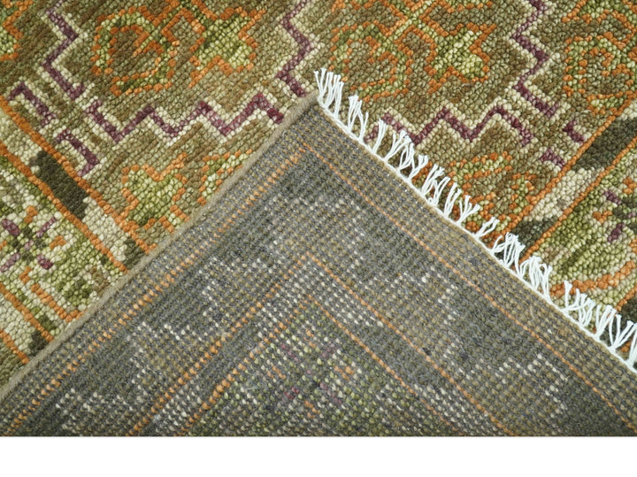 Custom Made Traditional Geometrical Motifs Olive and Rust Hand Knotted wool area rug - The Rug Decor