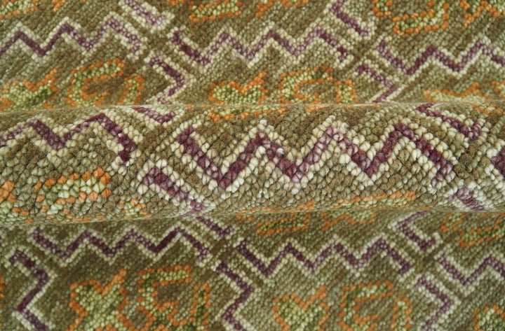 Custom Made Traditional Geometrical Motifs Olive and Rust Hand Knotted wool area rug - The Rug Decor