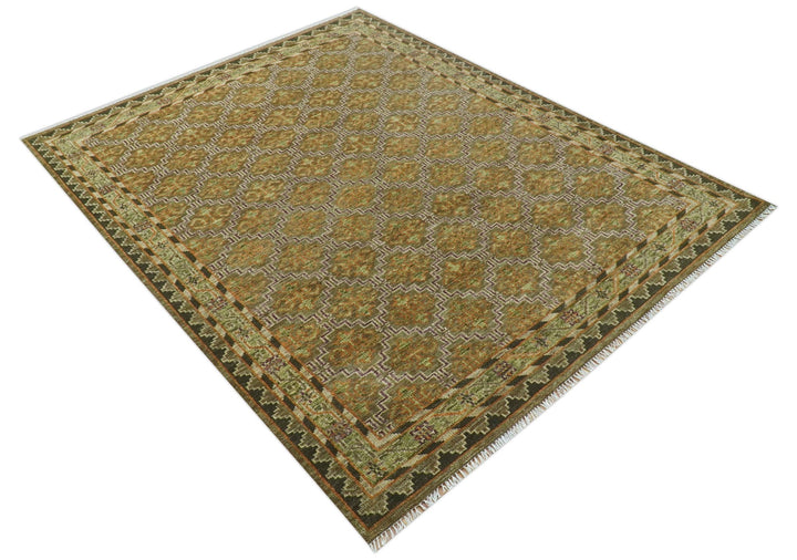 Custom Made Traditional Geometrical Motifs Olive and Rust Hand Knotted wool area rug - The Rug Decor