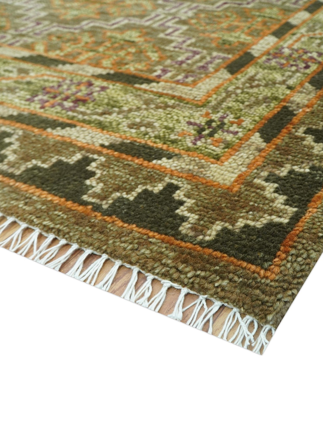 Custom Made Traditional Geometrical Motifs Olive and Rust Hand Knotted wool area rug - The Rug Decor