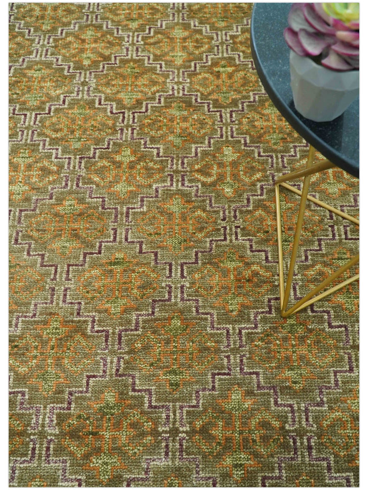 Custom Made Traditional Geometrical Motifs Olive and Rust Hand Knotted wool area rug - The Rug Decor