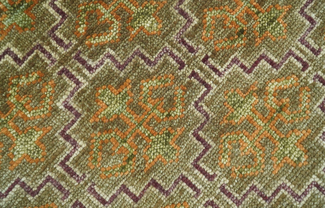 Custom Made Traditional Geometrical Motifs Olive and Rust Hand Knotted wool area rug - The Rug Decor