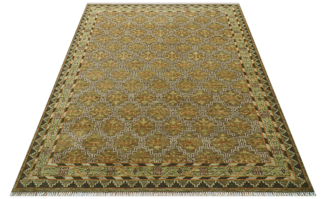 Custom Made Traditional Geometrical Motifs Olive and Rust Hand Knotted wool area rug - The Rug Decor