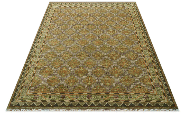 Custom Made Traditional Geometrical Motifs Olive and Rust Hand Knotted wool area rug - The Rug Decor