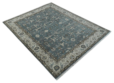Custom Made Traditional Hand Knotted Blue, Ivory and Brown Oriental Oushak wool Area Rug - The Rug Decor
