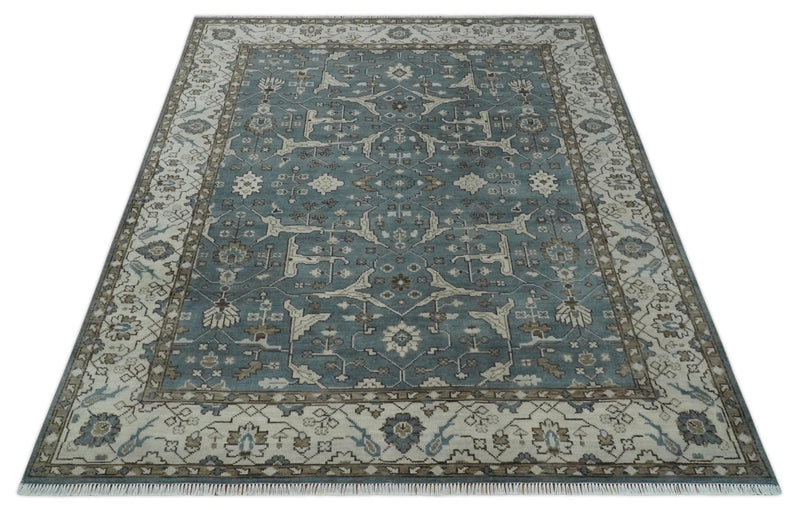 Custom Made Traditional Hand Knotted Blue, Ivory and Brown Oriental Oushak wool Area Rug - The Rug Decor