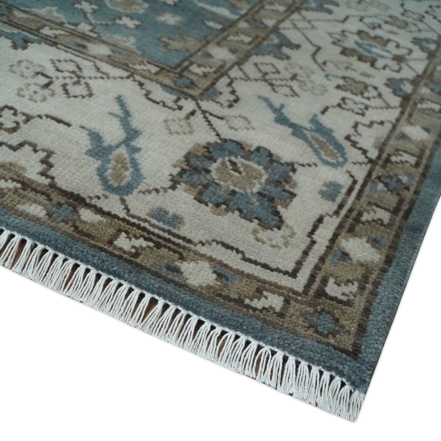 Custom Made Traditional Hand Knotted Blue, Ivory and Brown Oriental Oushak wool Area Rug - The Rug Decor