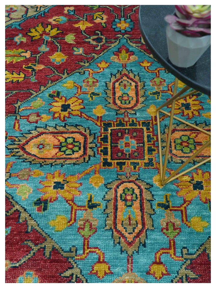 Custom Made Traditional Heriz Design Maroon And Olive Hand Knotted Wool Rug - The Rug Decor