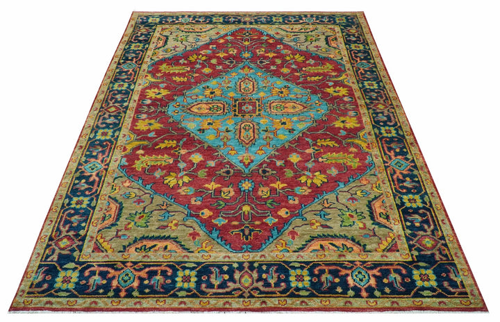 Custom Made Traditional Heriz Design Maroon And Olive Hand Knotted Wool Rug - The Rug Decor