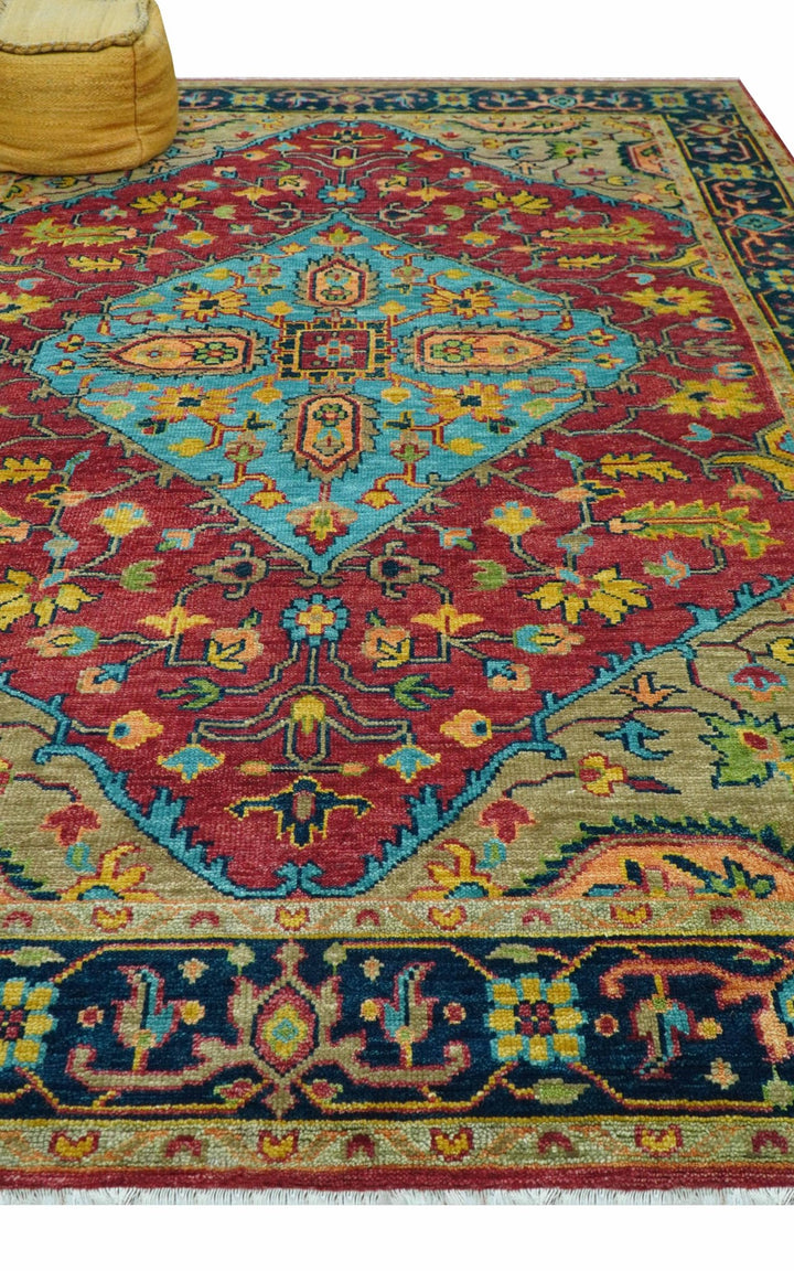 Custom Made Traditional Heriz Design Maroon And Olive Hand Knotted Wool Rug - The Rug Decor