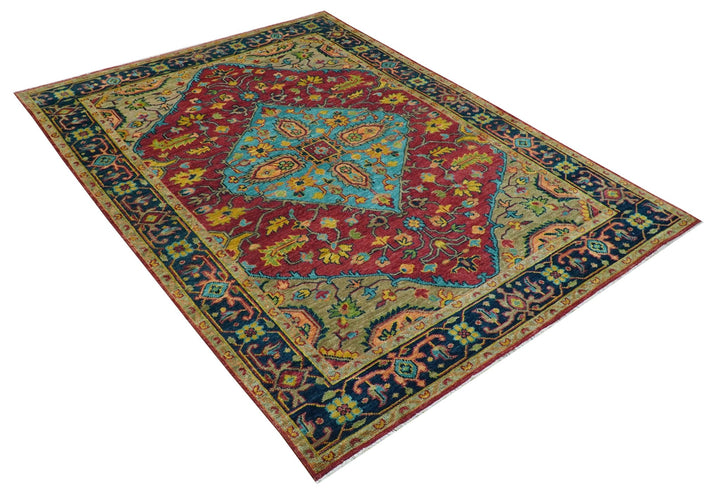Custom Made Traditional Heriz Design Maroon And Olive Hand Knotted Wool Rug - The Rug Decor