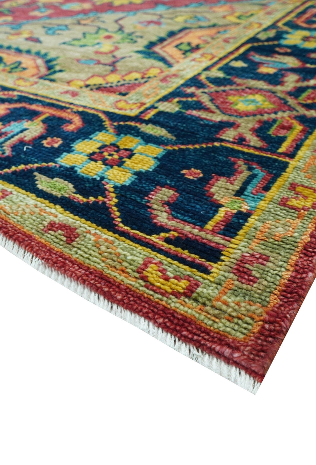 Custom Made Traditional Heriz Design Maroon And Olive Hand Knotted Wool Rug - The Rug Decor