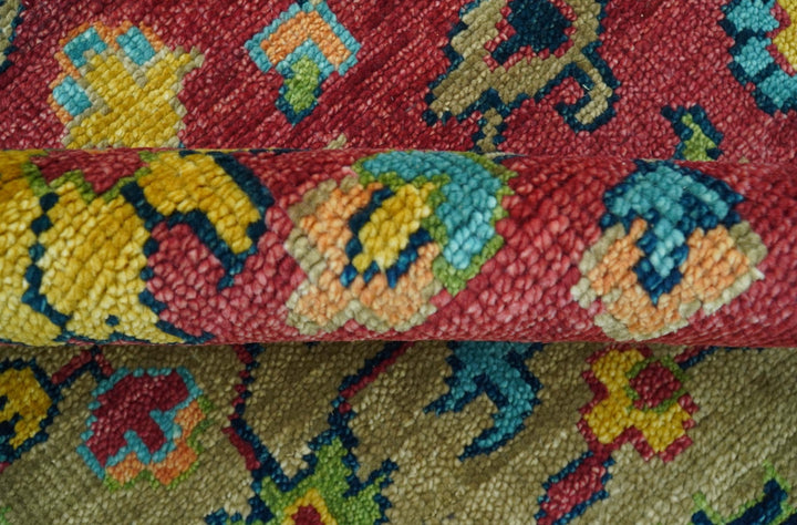 Custom Made Traditional Heriz Design Maroon And Olive Hand Knotted Wool Rug - The Rug Decor