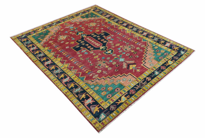 Custom Made Traditional Heriz Design Red And Green Hand Knotted Wool Rug - The Rug Decor