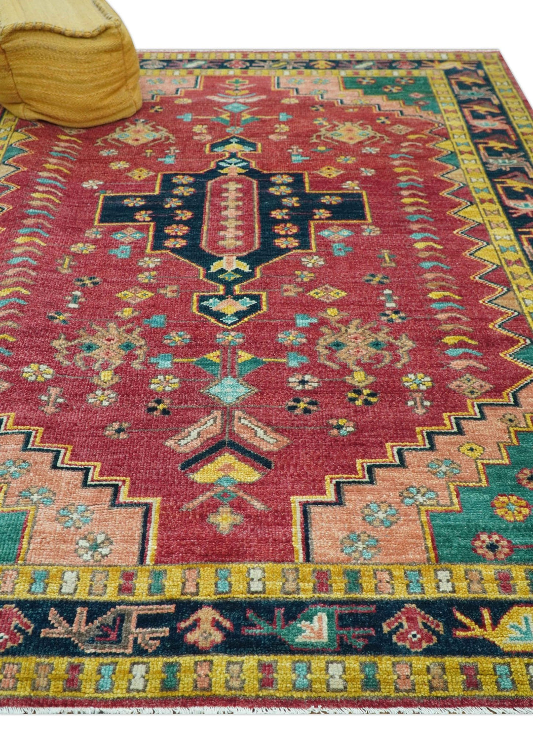 Custom Made Traditional Heriz Design Red And Green Hand Knotted Wool Rug - The Rug Decor