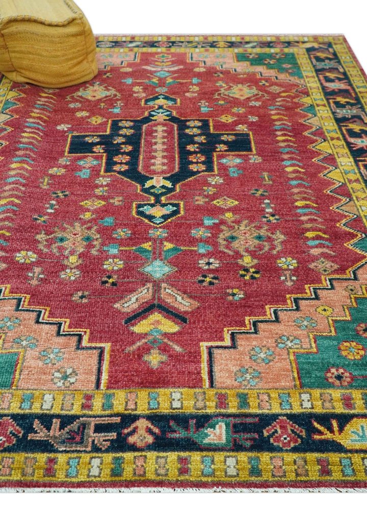 Custom Made Traditional Heriz Design Red And Green Hand Knotted Wool Rug - The Rug Decor