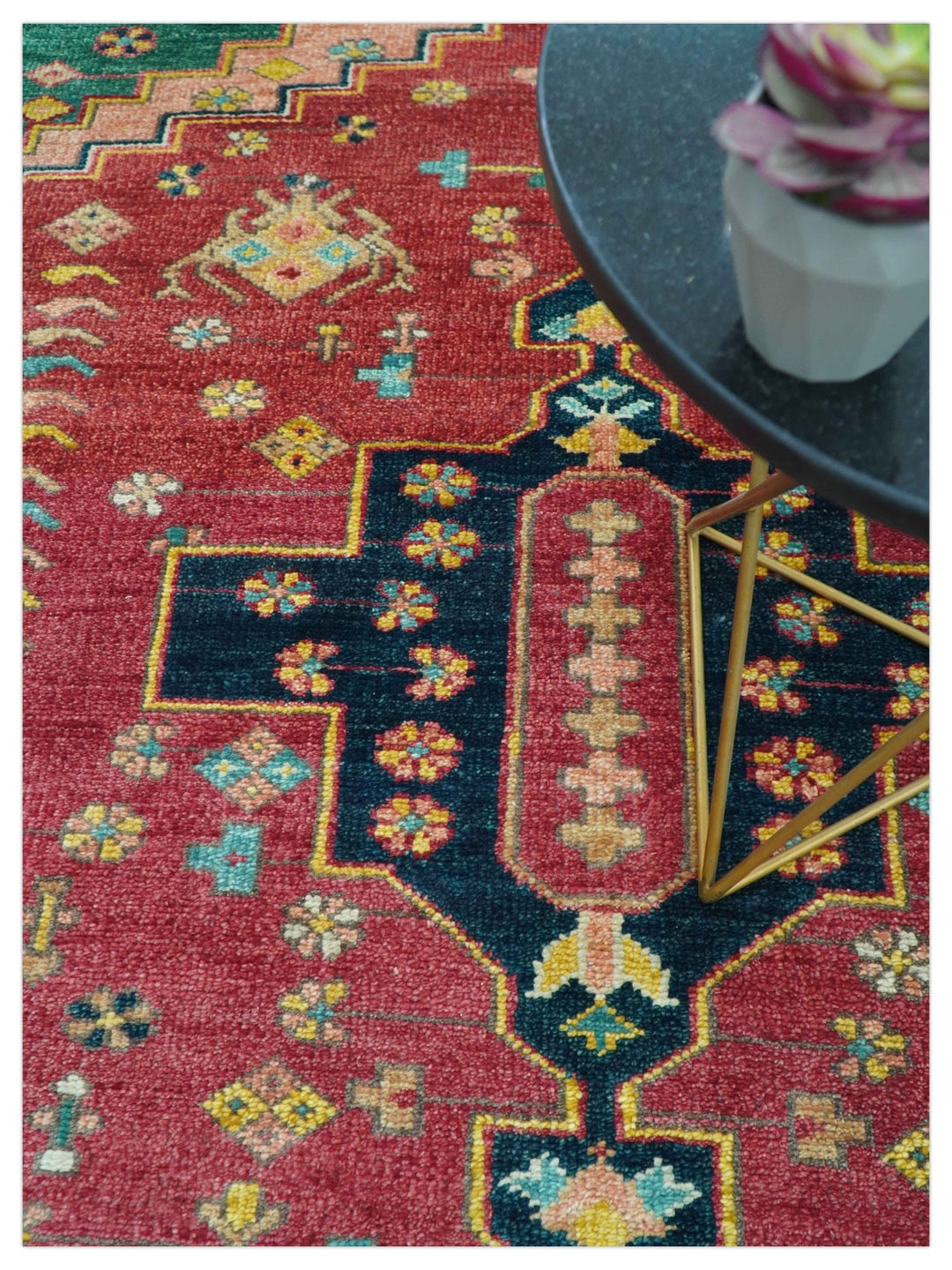 Custom Made Traditional Heriz Design Red And Green Hand Knotted Wool Rug - The Rug Decor