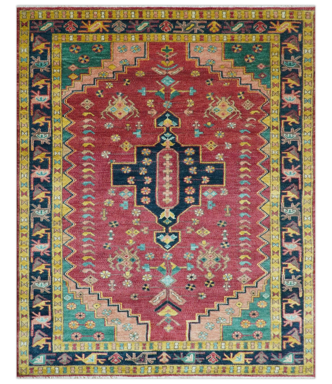 Custom Made Traditional Heriz Design Red And Green Hand Knotted Wool Rug - The Rug Decor