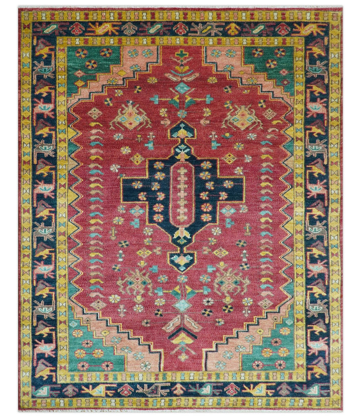 Custom Made Traditional Heriz Design Red And Green Hand Knotted Wool Rug - The Rug Decor