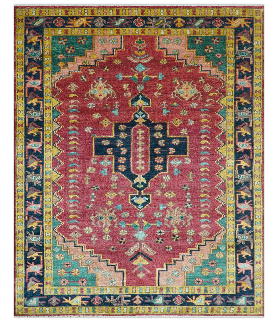 Custom Made Traditional Heriz Design Red And Green Hand Knotted Wool Rug - The Rug Decor