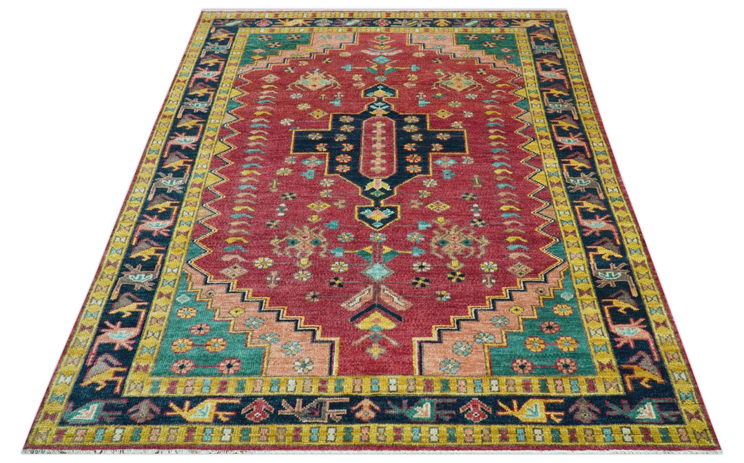 Custom Made Traditional Heriz Design Red And Green Hand Knotted Wool Rug - The Rug Decor