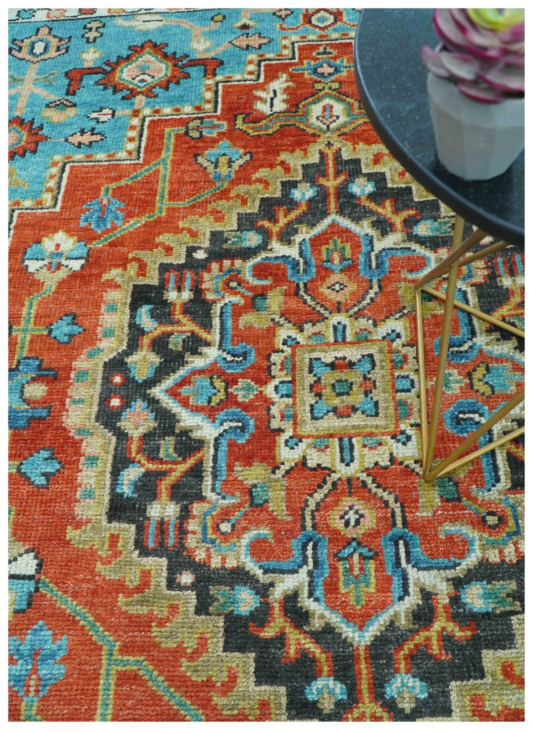 Custom Made Traditional Heriz Design Rust And Blue Hand Knotted Wool Rug - The Rug Decor