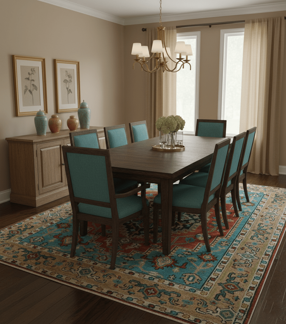 Custom Made Traditional Heriz Design Rust And Blue Hand Knotted Wool Rug - The Rug Decor