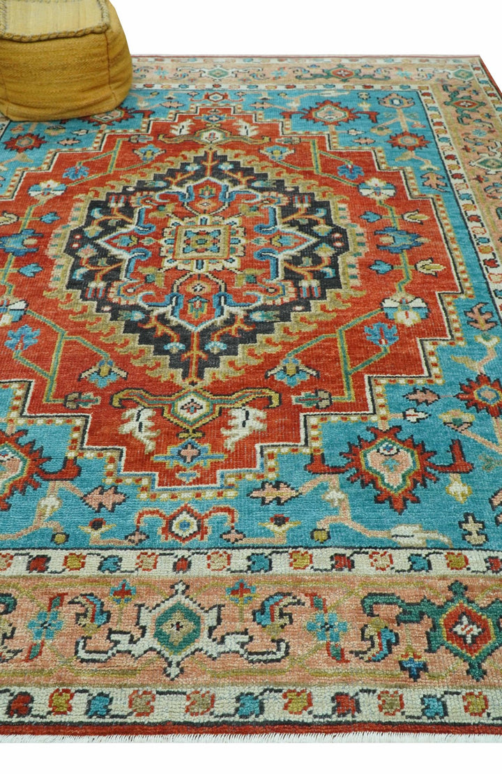 Custom Made Traditional Heriz Design Rust And Blue Hand Knotted Wool Rug - The Rug Decor