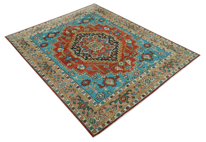 Custom Made Traditional Heriz Design Rust And Blue Hand Knotted Wool Rug - The Rug Decor