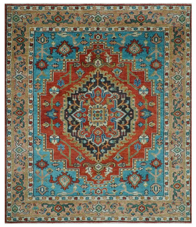 Custom Made Traditional Heriz Design Rust And Blue Hand Knotted Wool Rug - The Rug Decor