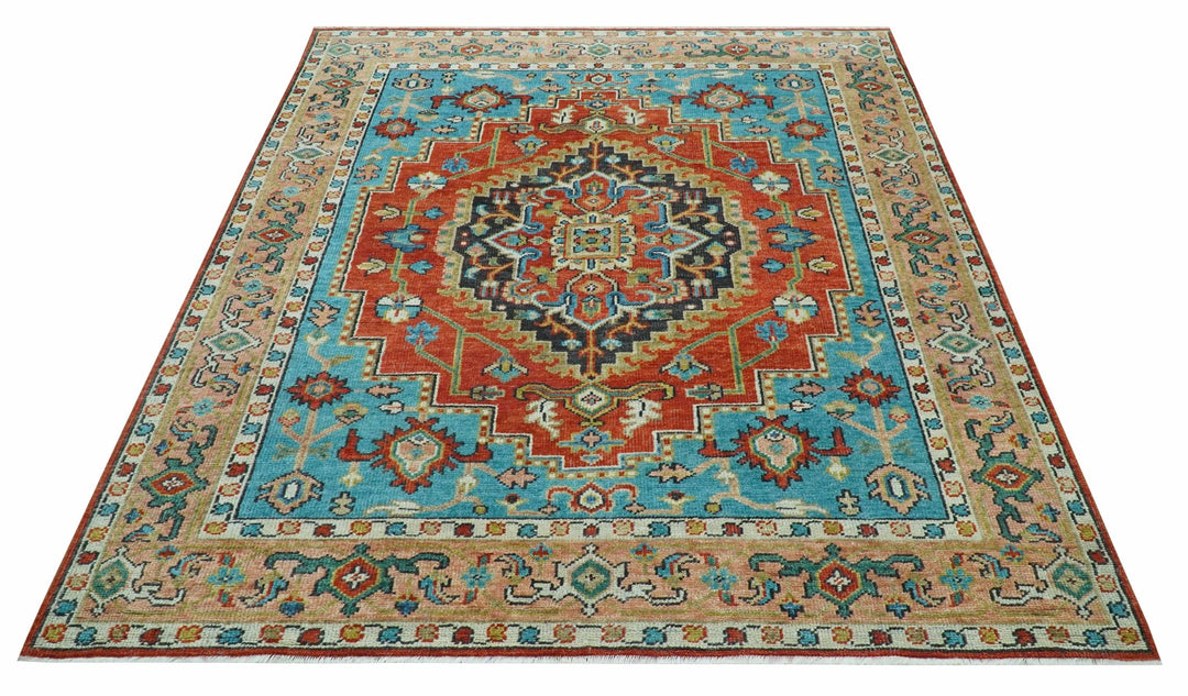 Custom Made Traditional Heriz Design Rust And Blue Hand Knotted Wool Rug - The Rug Decor