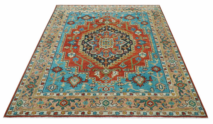 Custom Made Traditional Heriz Design Rust And Blue Hand Knotted Wool Rug - The Rug Decor